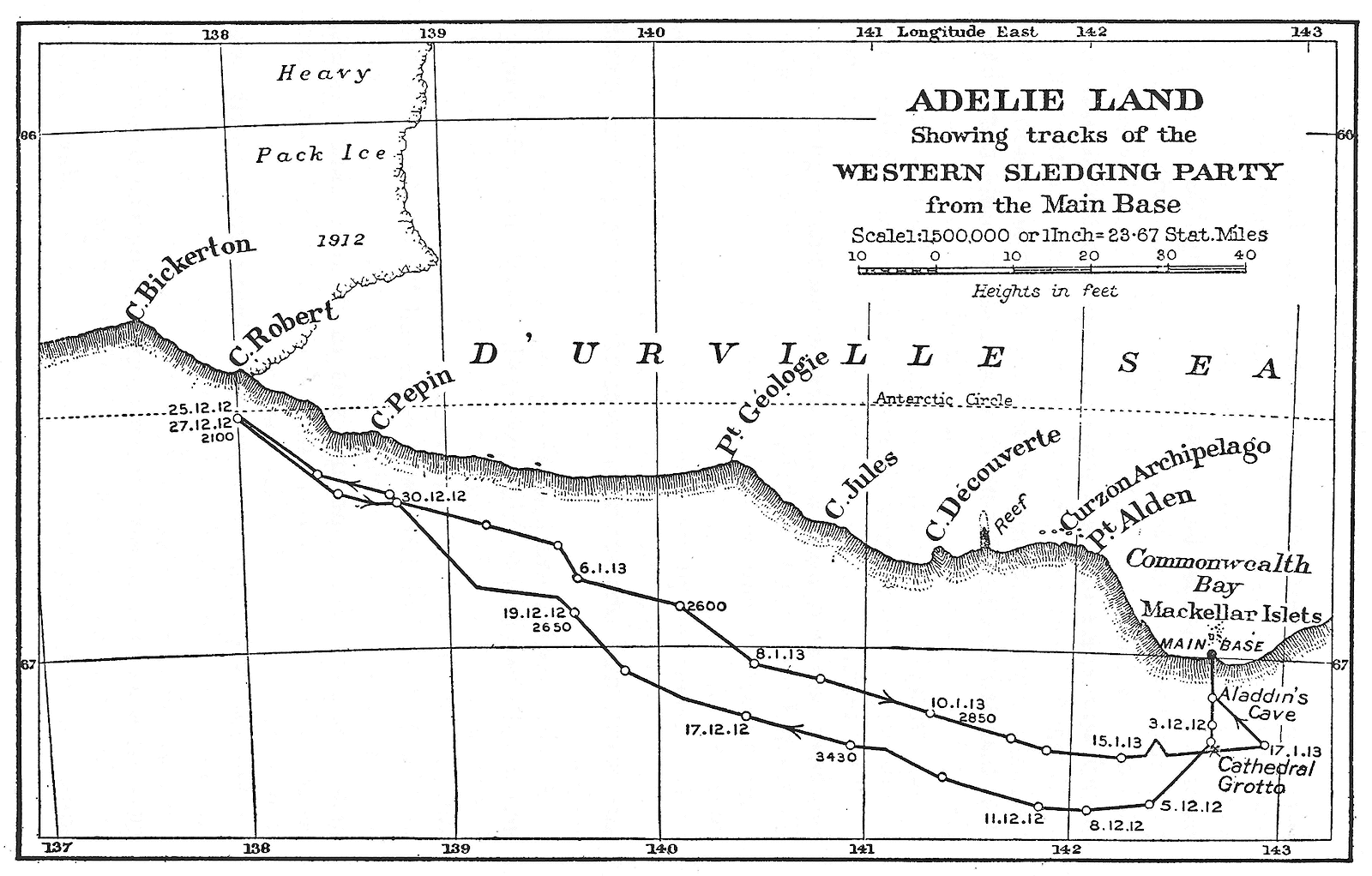 Map detailing the tracks of the Western Sledging Party from the Main Base.