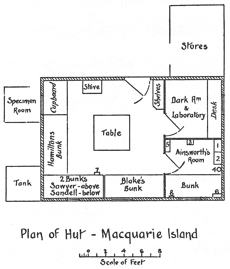 Floor plan of the hut at Macquarie Island, comprising of living quarters, stores, specimen room and tank.