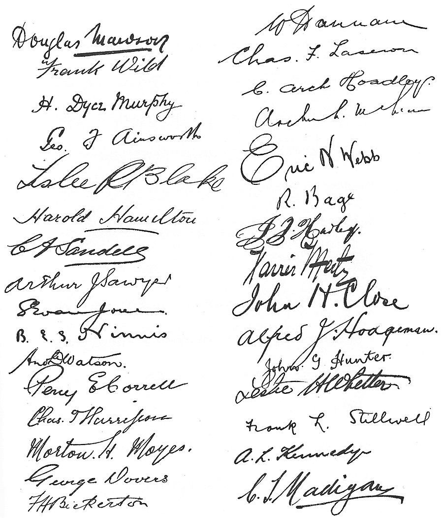 Signatures of members of the land parties in Antarctica and at Macquarie Island.