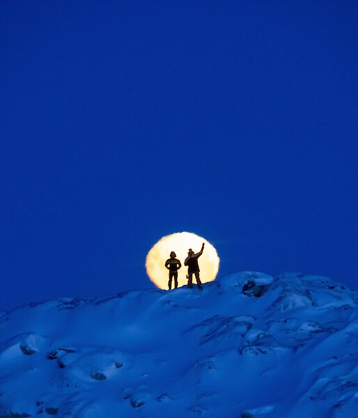 Two expeditioners silhouetted against a bright yellow moon standing atop a snowy mountain. Yellow moon stands out against a royal blue sky and mountain.