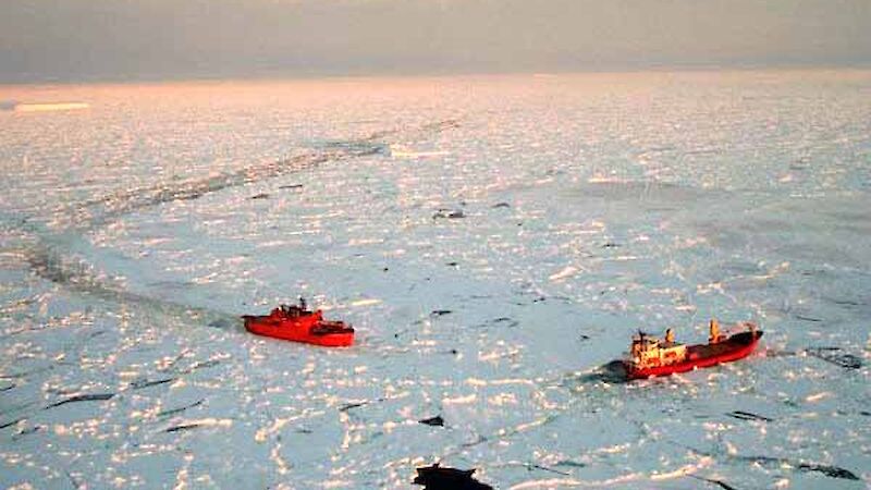 The Aurora Australis moves into position near the Polar Bird.