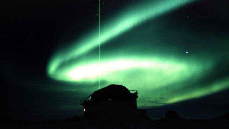 The LIDAR beam probes the night skies above Davis during auroral activity