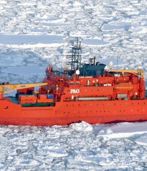 Aurora Australis ship coming into heavy sea ice