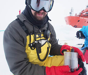 David with a depth sensor, which is deployed down partial permeability holes to measure the influx of water over time. (Photo Wendy Pyper)