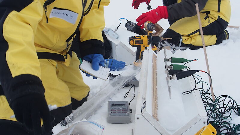 University of Utah mathematics PhD student Christian Sampson measures the electrical conductivity of an ice core. Electrical clamps are attached to nails inserted along the length of the ice core. (Photo Wendy Pyper)