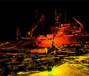 Shot of the ship from a distance with the snow bathed in a yellow glow