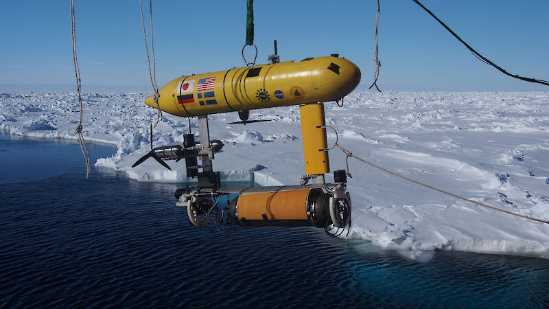 The Autonomous Underwater Vehicle (AUV) being lowered off the stern of the ship. The data from the AUV will be used to make 3-D maps of the underside of the sea ice (Photo: Wendy Pyper)