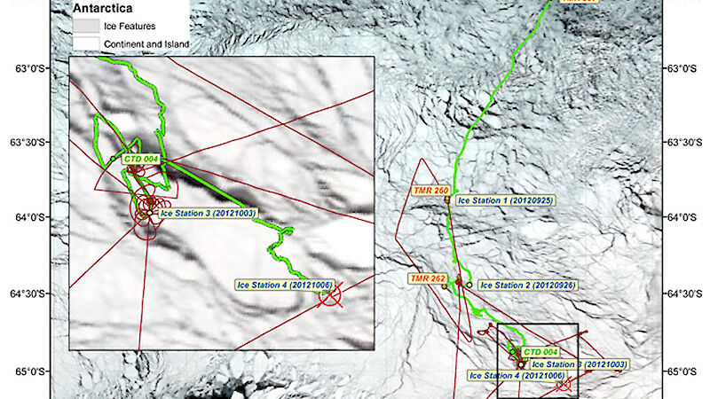 A computer generate map that shows the tracks of the ship as it moves from one ice station to the next.