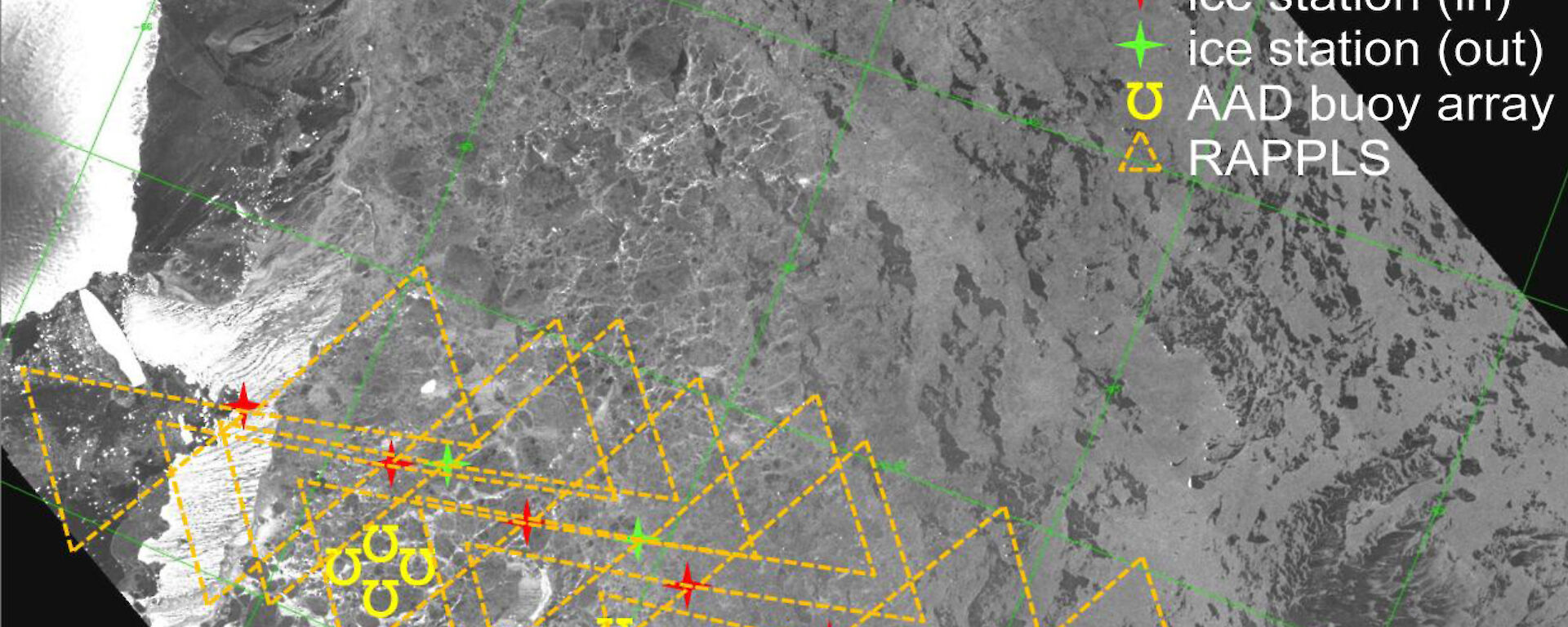 A satellite image overlaid with the locations of measurements, instrument deployment and aerial surveys.