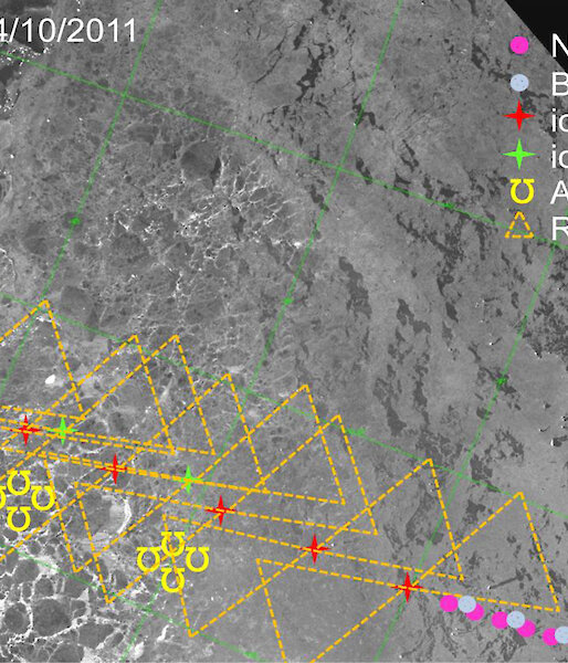 A satellite image overlaid with the locations of measurements, instrument deployment and aerial surveys.