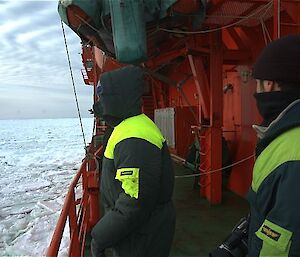 Two expeditioners looking from the ship, out across the ice