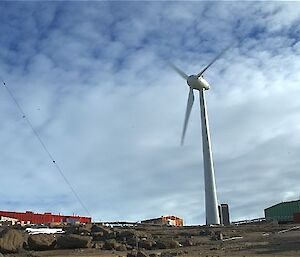 Mawson station with wind turbine