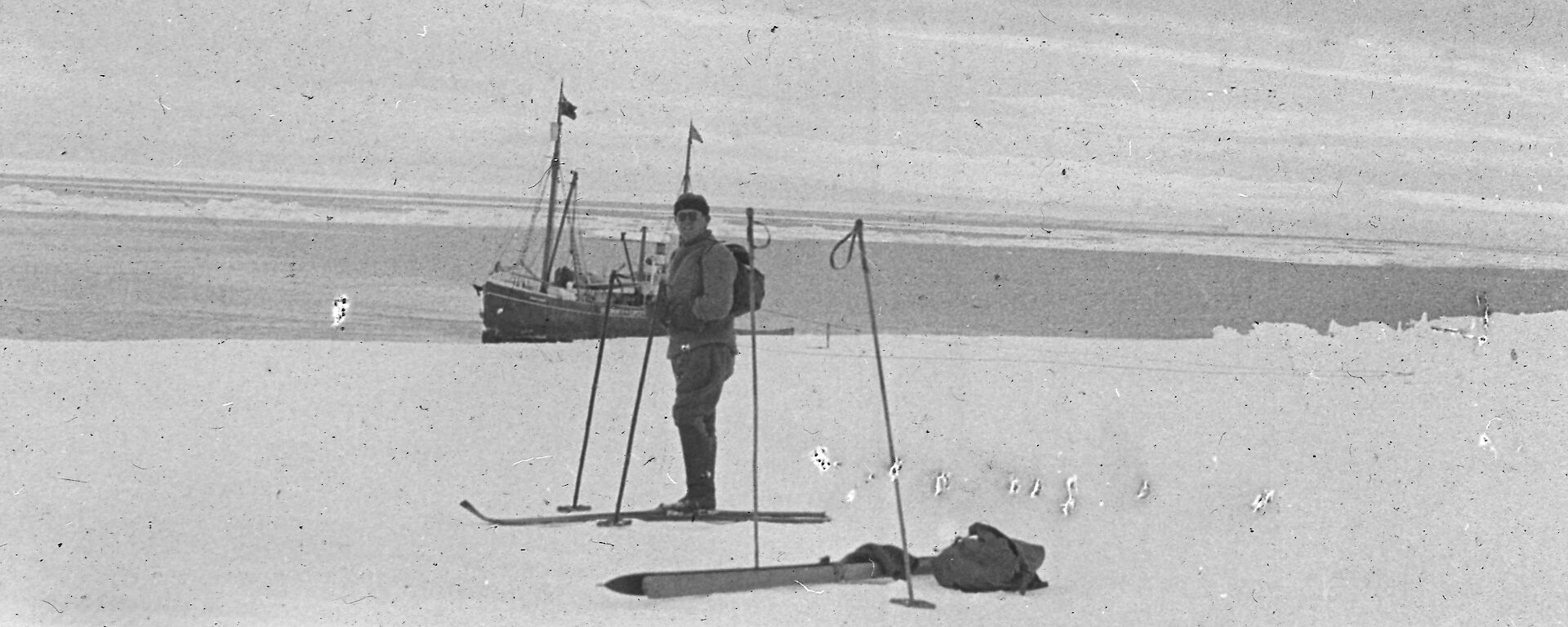 On the ice with Wyatt Earp in background, Bay of Whales