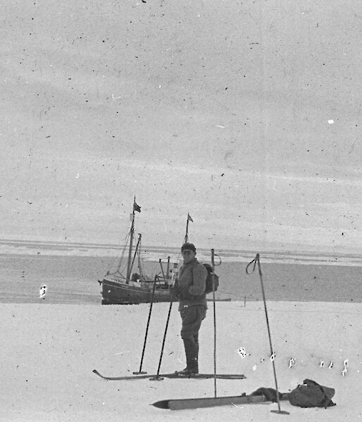 On the ice with Wyatt Earp in background, Bay of Whales