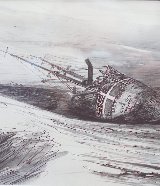 Kista Dan on her beam ends March 1955, off the Vestfold Hills following the establishment of the base at Mawson