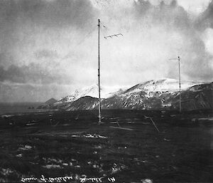 Wooden mast with wire stays holding it upright.