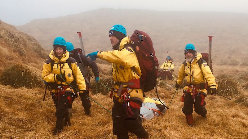 Expeditioners carrying the mock patient on a stretcher with ropes