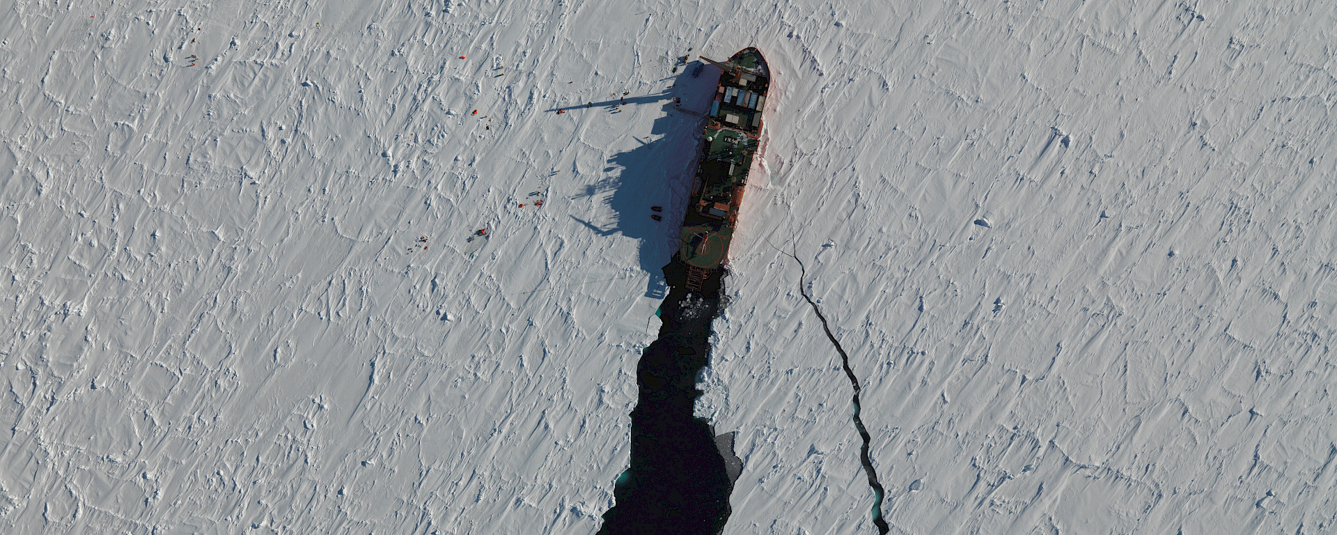 Aerial view of ship in ice