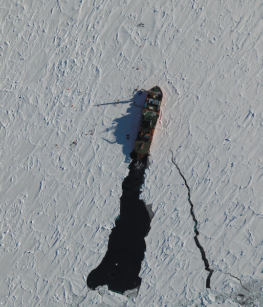 Aerial view of ship in ice