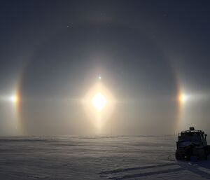 A sun dog, which is a meteorological phenomenon light formation at Wilkins runway.