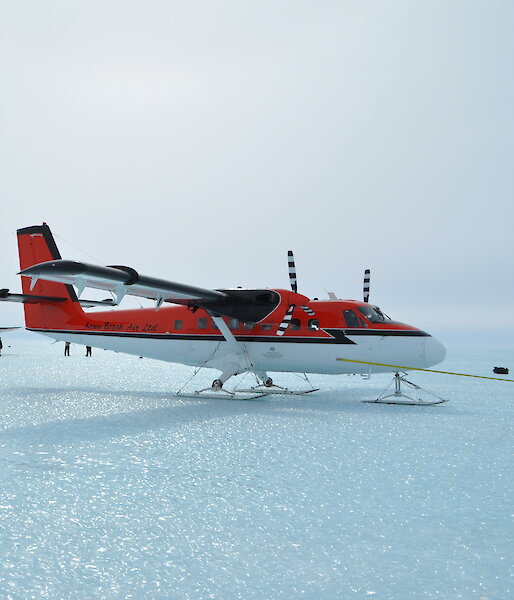 Two planes, the Basler just larger than the Twin Otter, parked next to each other.