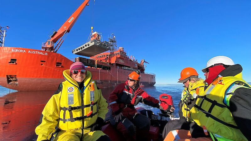 Expeditioners in an inflatable rubber boat