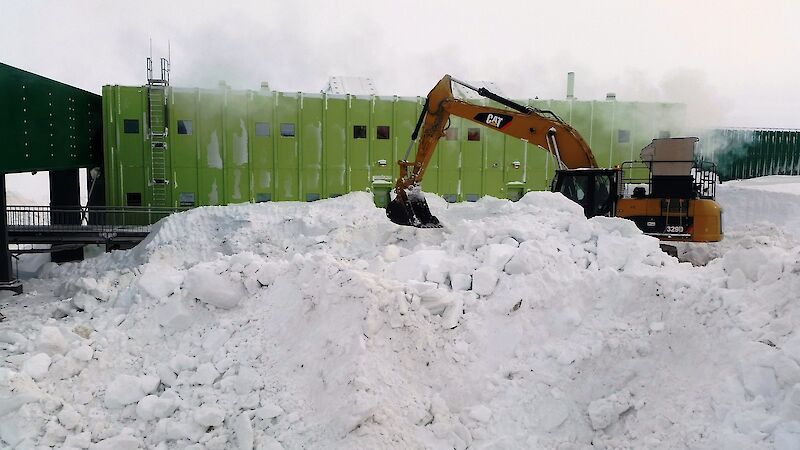 An excavator clears snow in foreground with a large green building in background