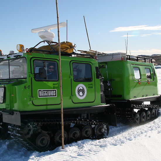 Mawson Station Expeditioner undertaking driving training in the new Green Hagglund