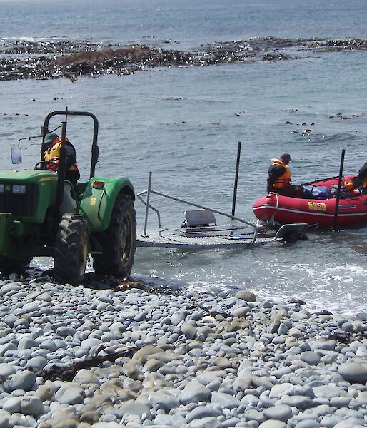 Launching a Zodiac IRB by tractor