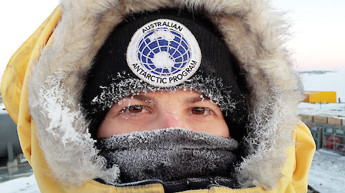 Close up of an expeditioner in cold weather gear
