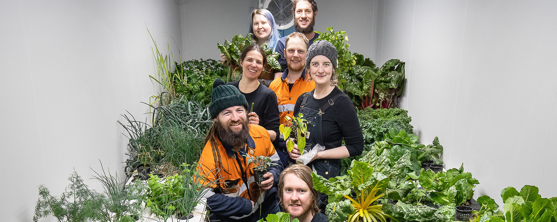 Group of expeditioners in the hydroponics shed with produce