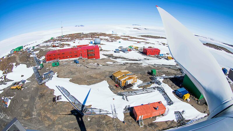 Fisheye lens view over Mawson station from top of wind turbine