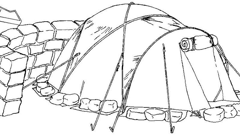 Illustration of a dome tent with a stone wall