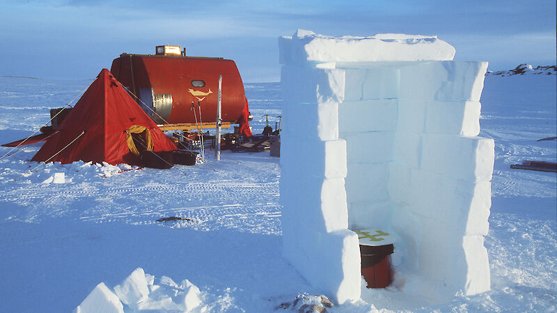 Field toilet in igloo. Tent and RMIT van in background