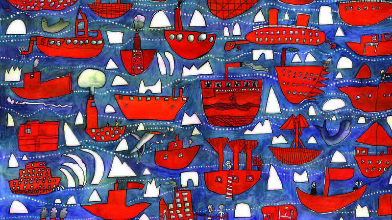 A colourful red, blue and white mosaic of children's drawings of resupply ship and white icebergs seat against a light blue background.