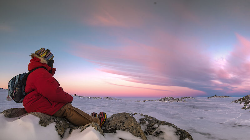 Icescape panorama with rock and expeditioner on left