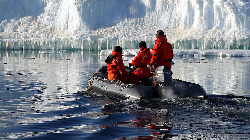 Expeditioners looking at the iceberg views from the inflatable boat
