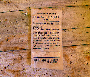 Old label for emergency ration bars with instructions for cooking.