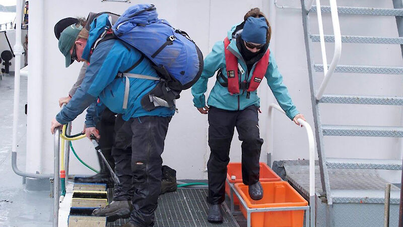 Expeditioners in blue jackets and backpacks cleaning boots on tourist ship.