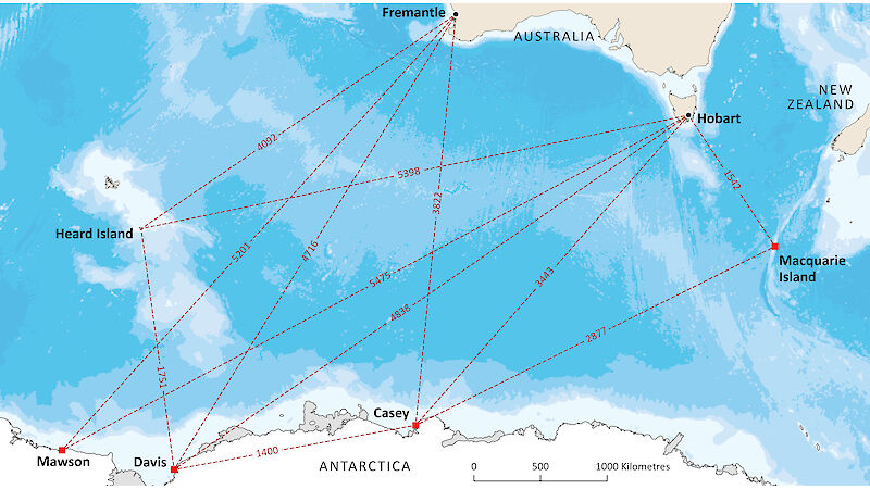 A map of Fremantle, Hobart, Macquarie Island, Heard Island, Mawson, Davis and Casey.