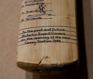 Close-up of the base of the signed cricket bat