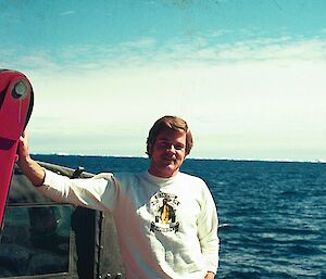Kim Ellis on board ship at sea