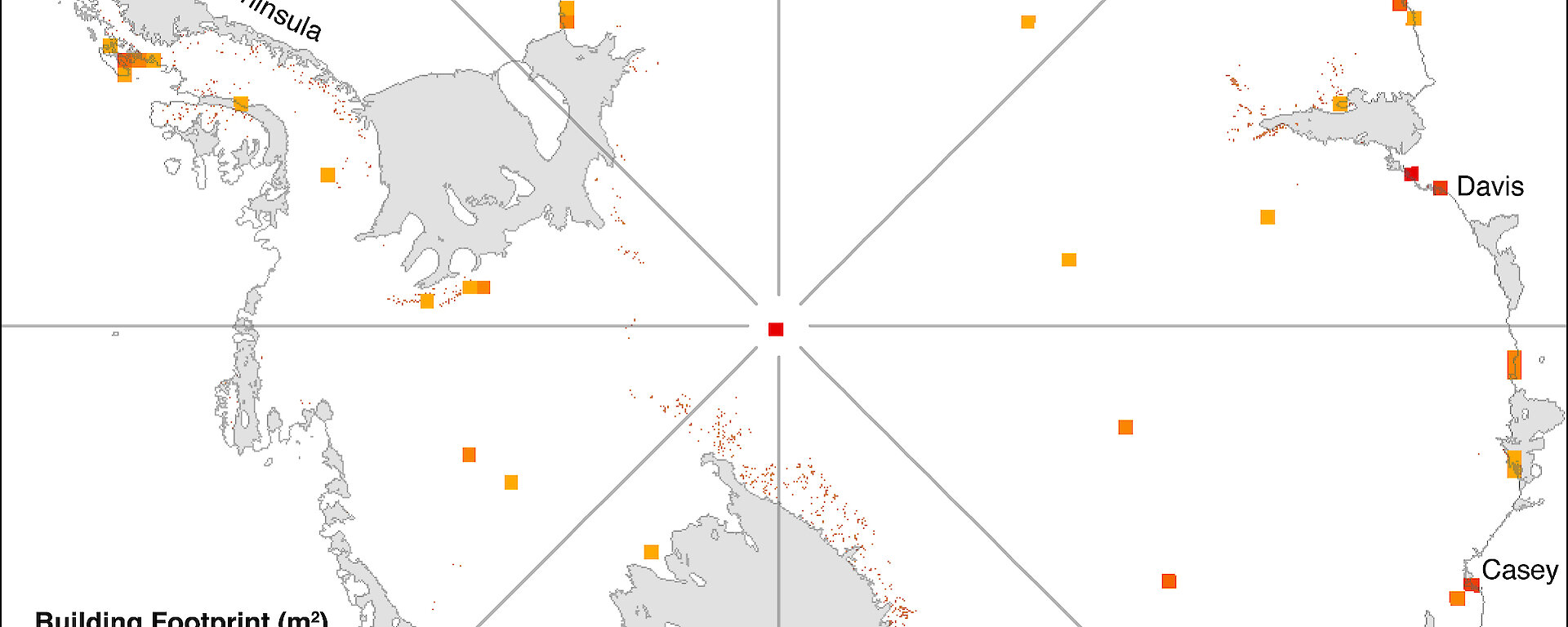 This map shows the distribution and density of the building footprint in Antarctica. Hotspots of activity occur on the coastlines of the Antarctic Peninsula and Ross Sea.