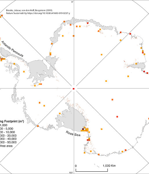 This map shows the distribution and density of the building footprint in Antarctica. Hotspots of activity occur on the coastlines of the Antarctic Peninsula and Ross Sea.