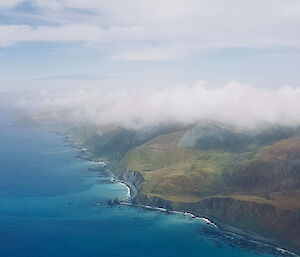 View of the shallow coastal waters off Macquarie Island from the LADS survey flight.