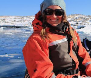 Jordan Smith out boating in Antarctica.