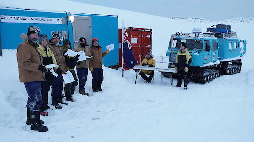 Expeditioners at the polling station on the wharf at Casey research station