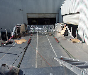 Looking down the deck of the barge towards the ramp.