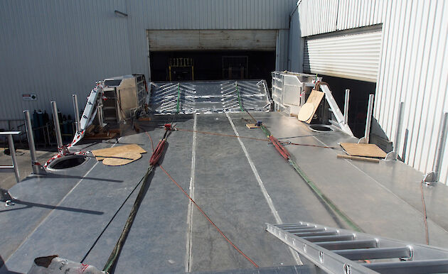 Looking down the deck of the barge towards the ramp.