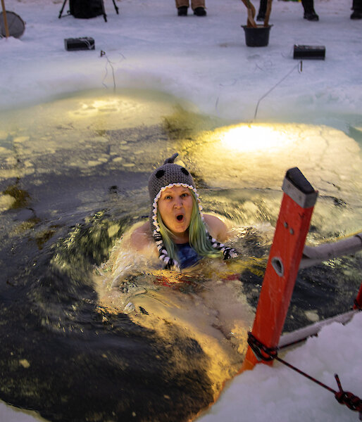 Davis research station Weather Observer, Amy Geels, braves the minus 1.5 degrees water